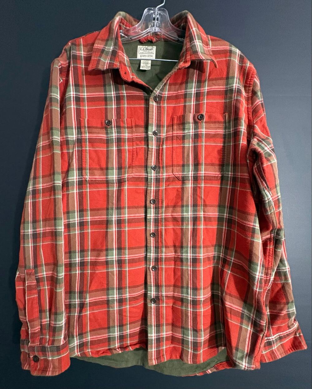 LL Bean Mens L Tall Fleece Lined Flannel Shirt Jacket Red Plaid Shacket 512249